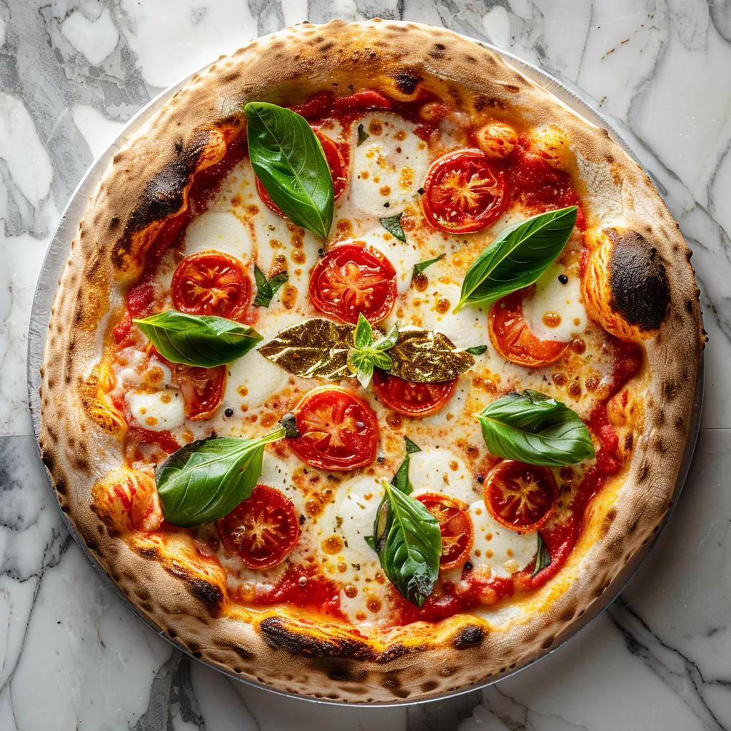 From above, you see a beautiful blend of vibrant red from the ripe San Marzano tomatoes, the creamy white of the melted fior di latte mozzarella, and the fresh green basil leaves. Right at the center, an edible gold leaf sits, catching your eye against the stark contrast of the warm, charred brown of the crust, representing a literal 'Pizza Gold Medal' to celebrate the occasion.