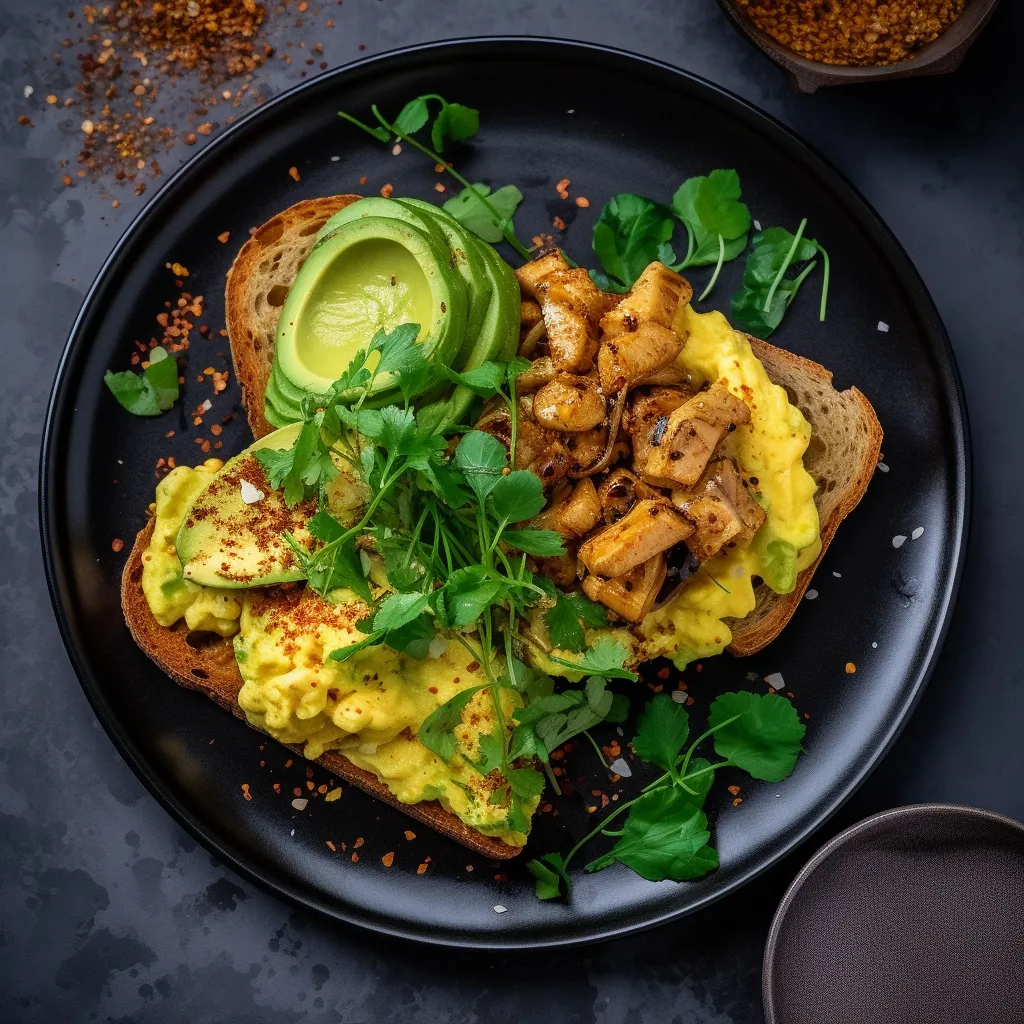 A slice of sourdough toast with mashed avocado, topped with scrambled eggs mixed with spices and finely chopped vegetables. Sliced caramelized plantains on top provide a sweet crunchy texture to the dish. Everything is garnished with cilantro leaves and sesame seeds.