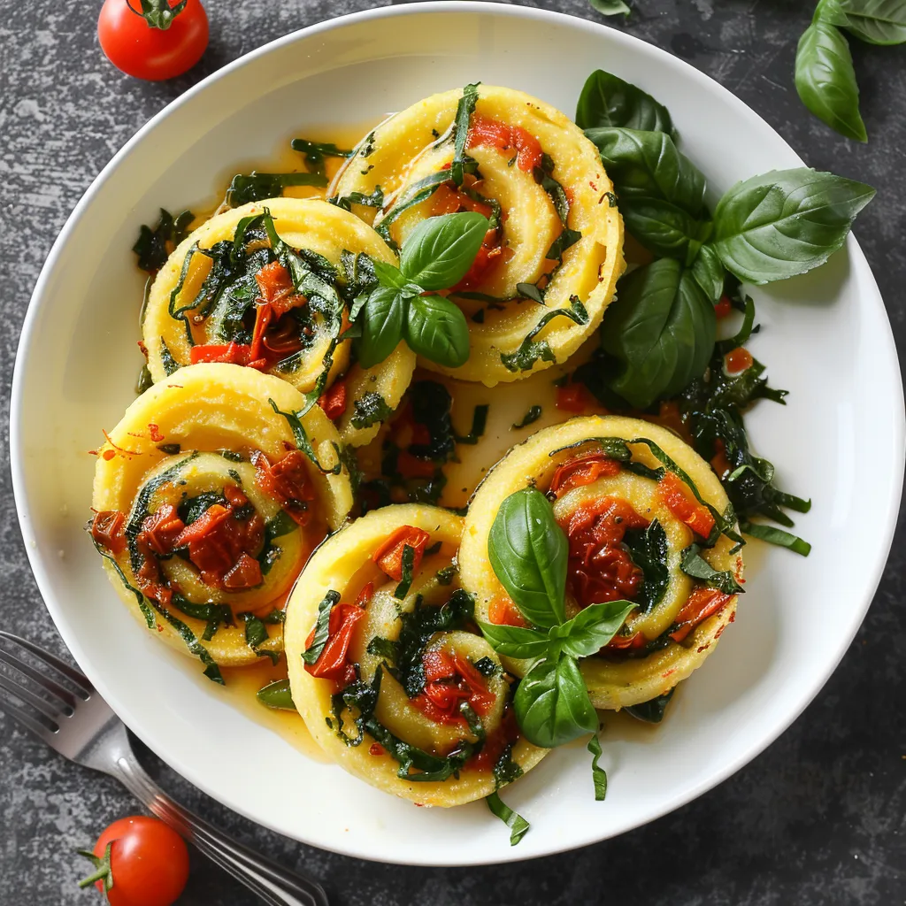 Imagine golden-crust circles of creamy green-speckled polenta artistically arranged on a matte white dish. Swirls of vibrant red tomato vinaigrette whimsically navigate around and across the polenta, creating a stunning visual contrast. The plate is garnished with fresh basil leaves for added pop of color.