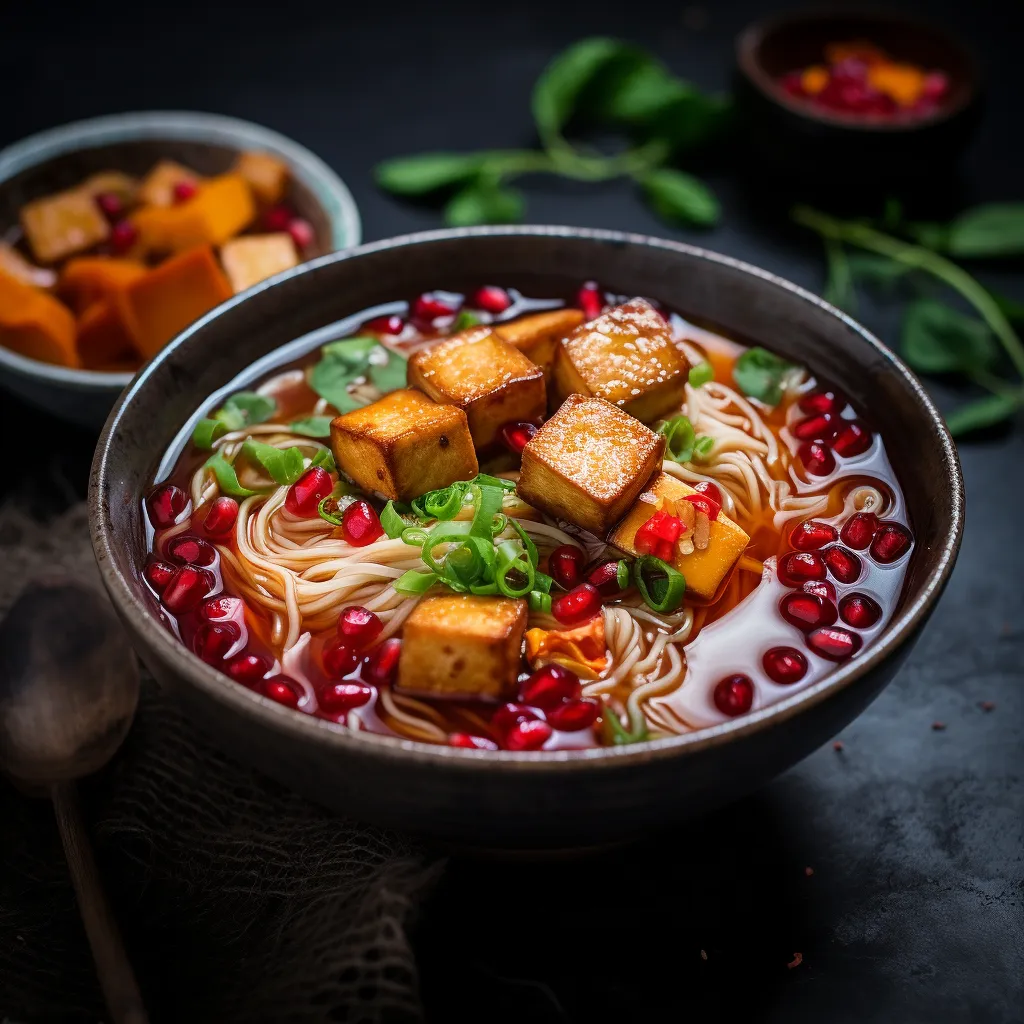 A warm, steamy bowl filled with clear, rich, amber-colored miso broth with floating noodles, tofu cubes, baby spinach, and colorful carrot slices. Drizzled with a vibrant red pomegranate reduction and sprinkled with pomegranate arils on top for a pop of color and crunch, alongside a hint of green from the green onions and a side of grilled sourdough bread.