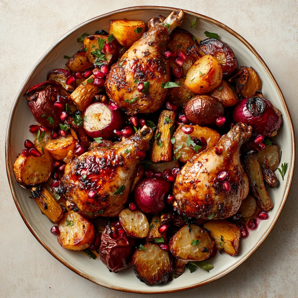 An array of golden-toned and caramelized chicken and vegetables, garnished with pops of vibrant red pomegranate arils, seated snug in a cream colored serving platter.