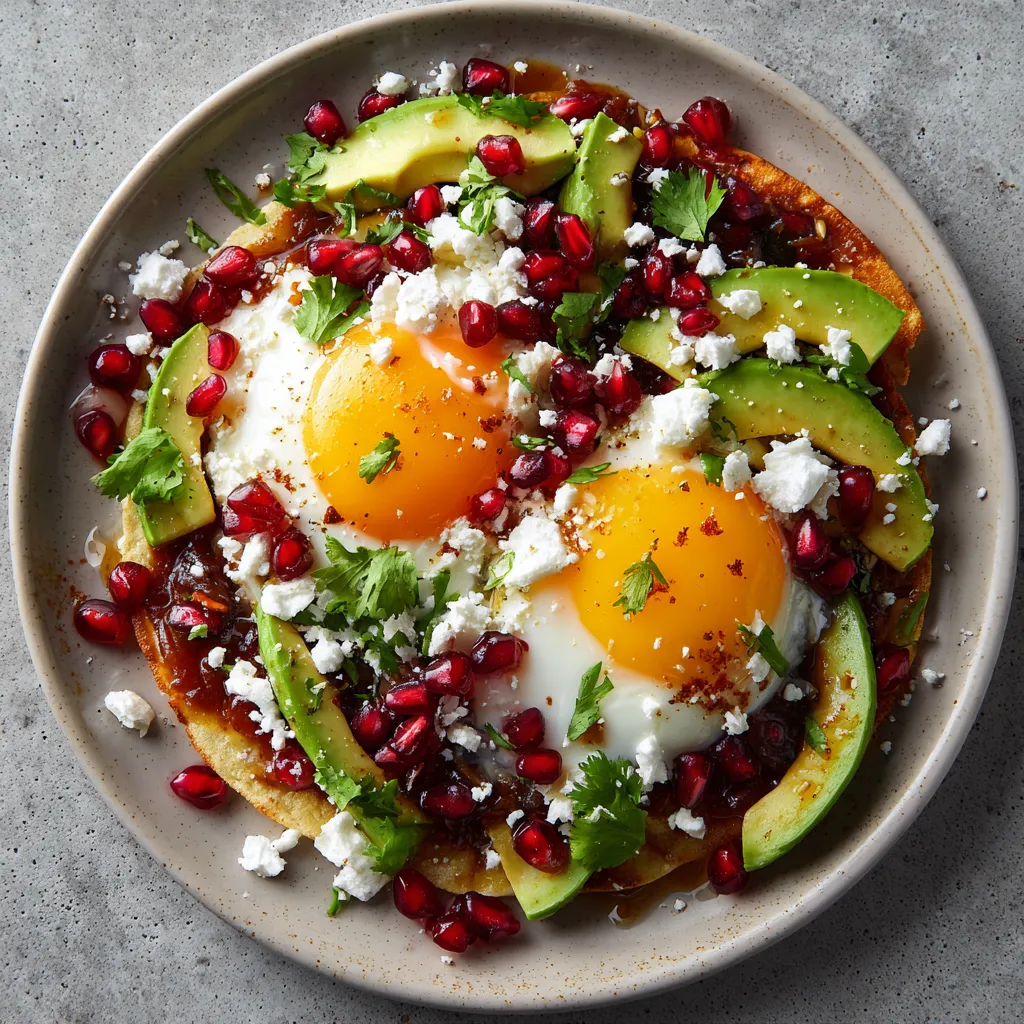 An inviting plate with a beautiful array of colors: ruby red pomegranate seeds scattered over the top, nestled amidst bright green avocado slices and crumbled white feta cheese. At the base, a layer of lightly crisped tortilla supports spicy, colorful bean chili and two perfectly poached eggs, their yolks a deep, tantalizing yellow.