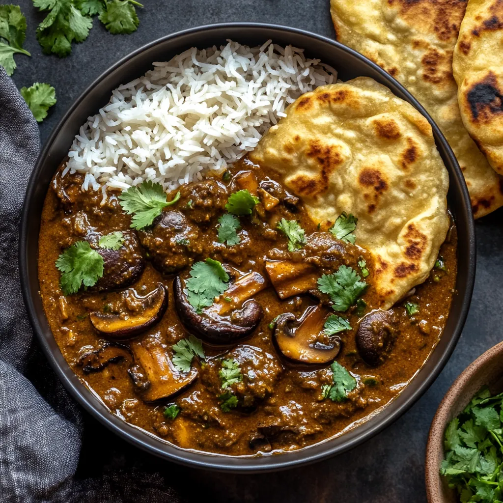 A captivating bowl filled with the rich brown curry, dotted with glossy, roasted Portobello mushrooms and garnished with a vibrant sprinkle of fresh coriander. A side of golden naan and fragrant basmati rice completes the juxtaposition.