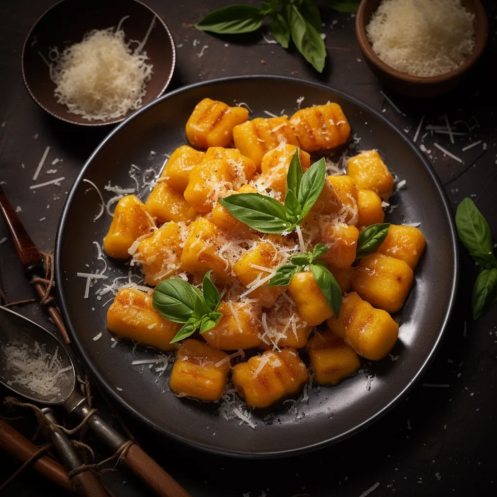 A beautiful and harmonious blend of autumn shades. The fluffy potato gnocchi, coated in a rich, burnt-orange pumpkin sauce. It's all complemented by deep green sage leaves and a dusting of salty parmesan cheese.