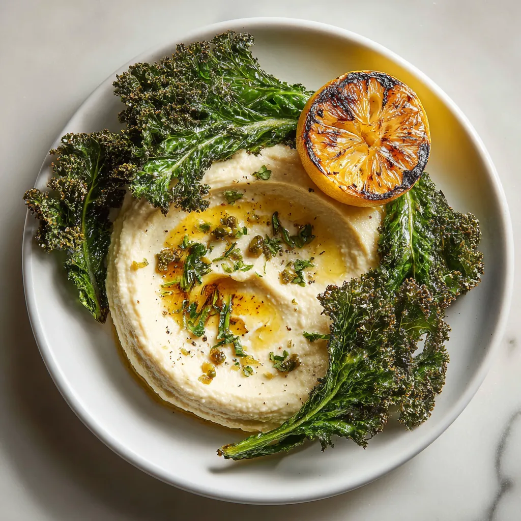 Creamy, ivory-hued Skordalia takes center stage on a minimalist white plate, speckled with tiny flecks of garlic and dotted with hint of olive oil on top. Crisp, bright green kale chips, shattered into rustic pieces, form an enticing circle around the spread. A wedge of charred lemon, beautifully caramelized, peeks out from one side.