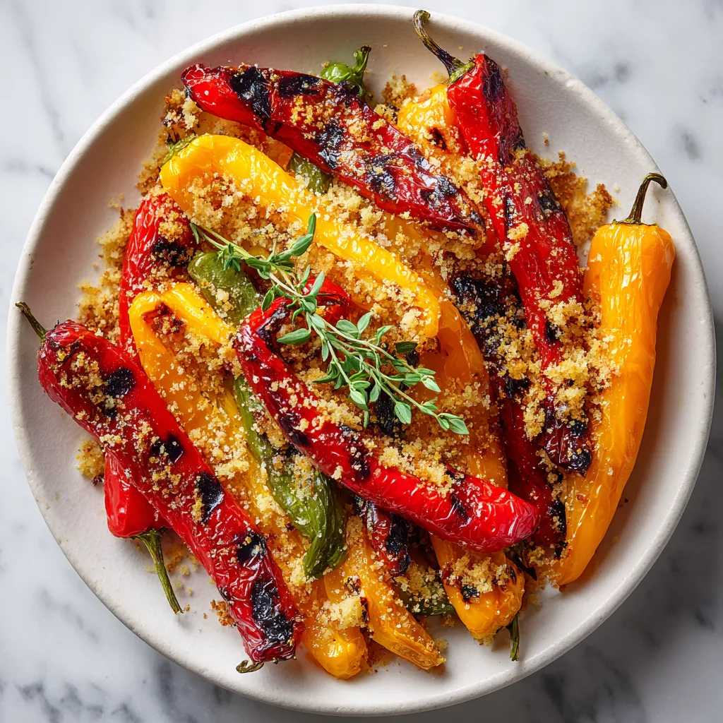 From above, you'll see a vibrant mix of grilled peppers in fiery red, sunny yellow, and stunning orange, charred slightly with visible grill marks. A golden bread crumb mixture is sprinkled on top, giving it an appealing, rustic look. It's garnished with a spring of fresh thyme, which provides a lovely green contrast.