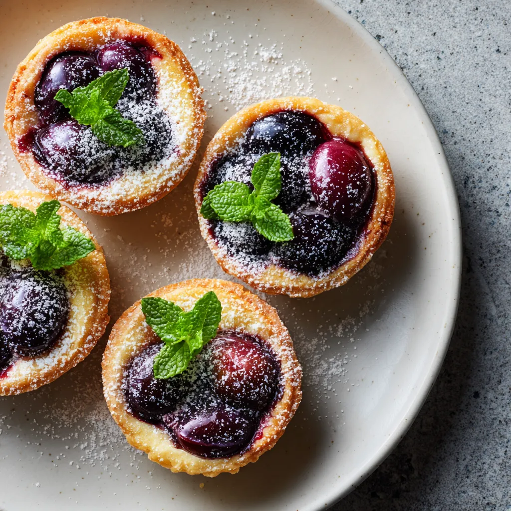 Four round individual tarts fill the plate. Their golden crust wrap around a vibrant purple plum filling. Light dusting of powdered sugar and garnished with vibrant mint sprigs add contrast.