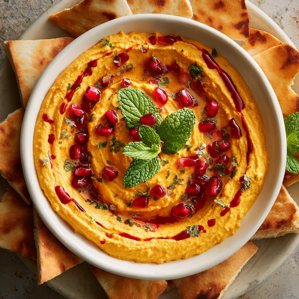 The hummus is a sunlit orange hue, speckled with lemon zest. Pomegranate seeds resemble tiny rubies sprinkled on top. Green leaves of fresh mint provide a stark contrast. All this is encircled by warm pita wedges, ready for scooping.