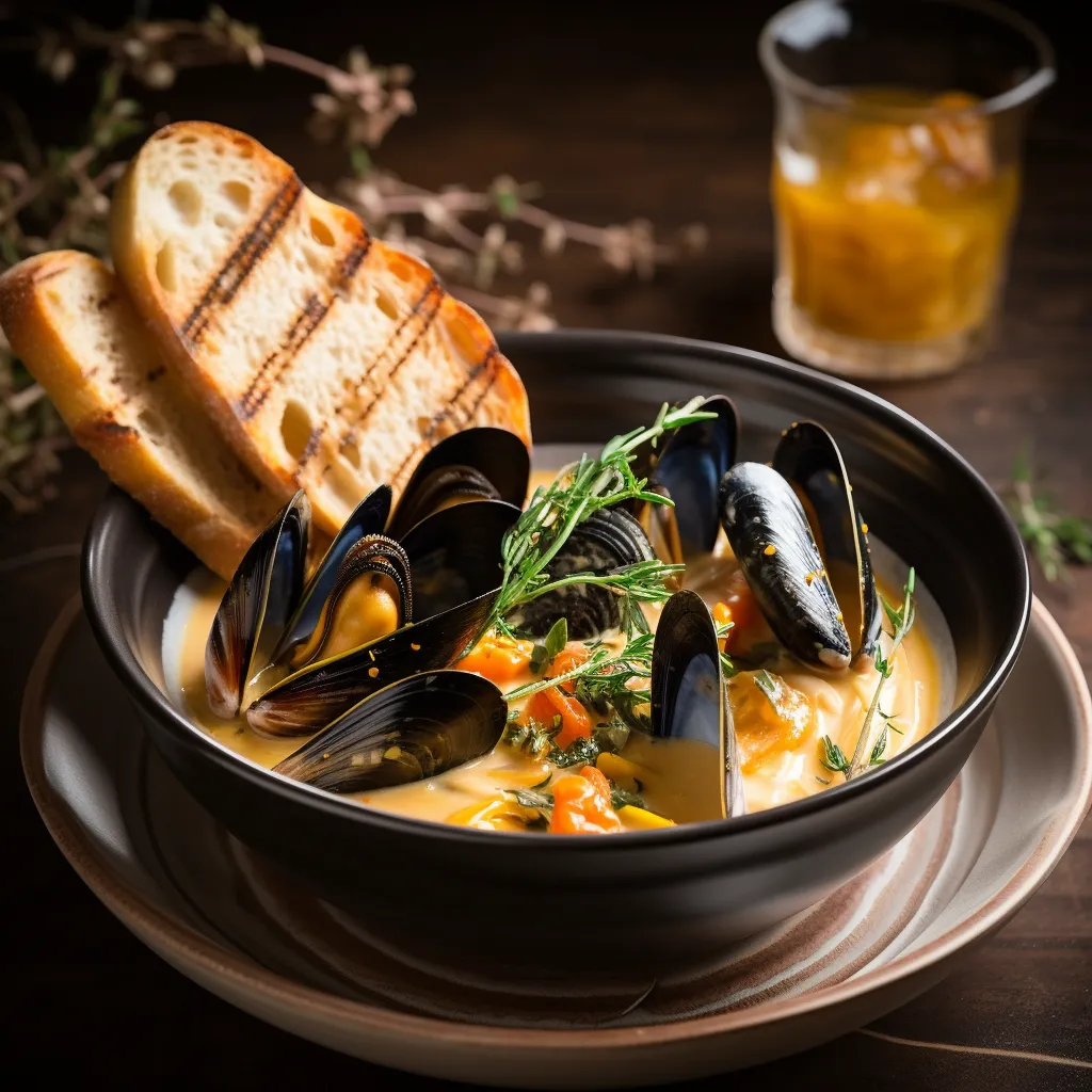 A rustic bowl holds a feast for the eye and taste, brimming with plump open mussels, warm hued pumpkin chunks, and sprigs of fresh thyme. Caramelized shallots shimmer in the creamy white broth, dotted with orange zest curls. Crusty French bread slices nestled at one side, perfect for soaking up the delicious wine broth.