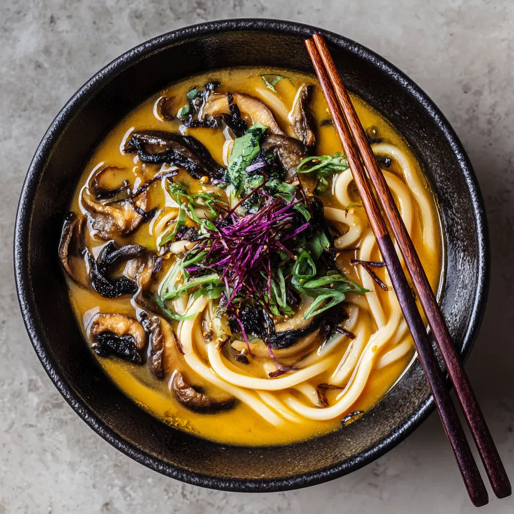 In a moody black bowl, a swirl of chewy udon peeks through a golden-hued pumpkin miso broth, dotted with dark and glossy shiitake slices. Pops of green scallion and purple seaweed top it off for a stunning contrast.