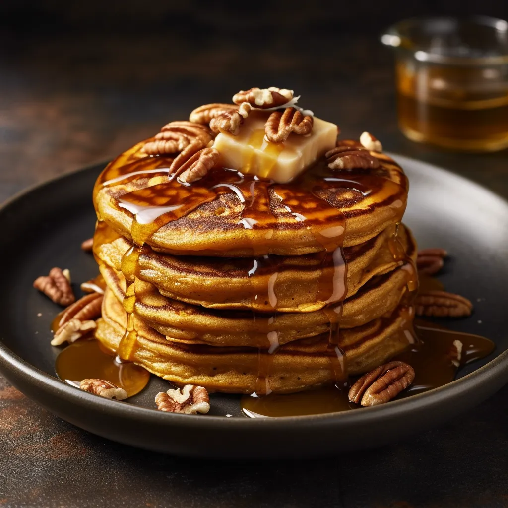 Stack of pumpkin pancakes topped with chopped pecans, drizzled in maple syrup.
