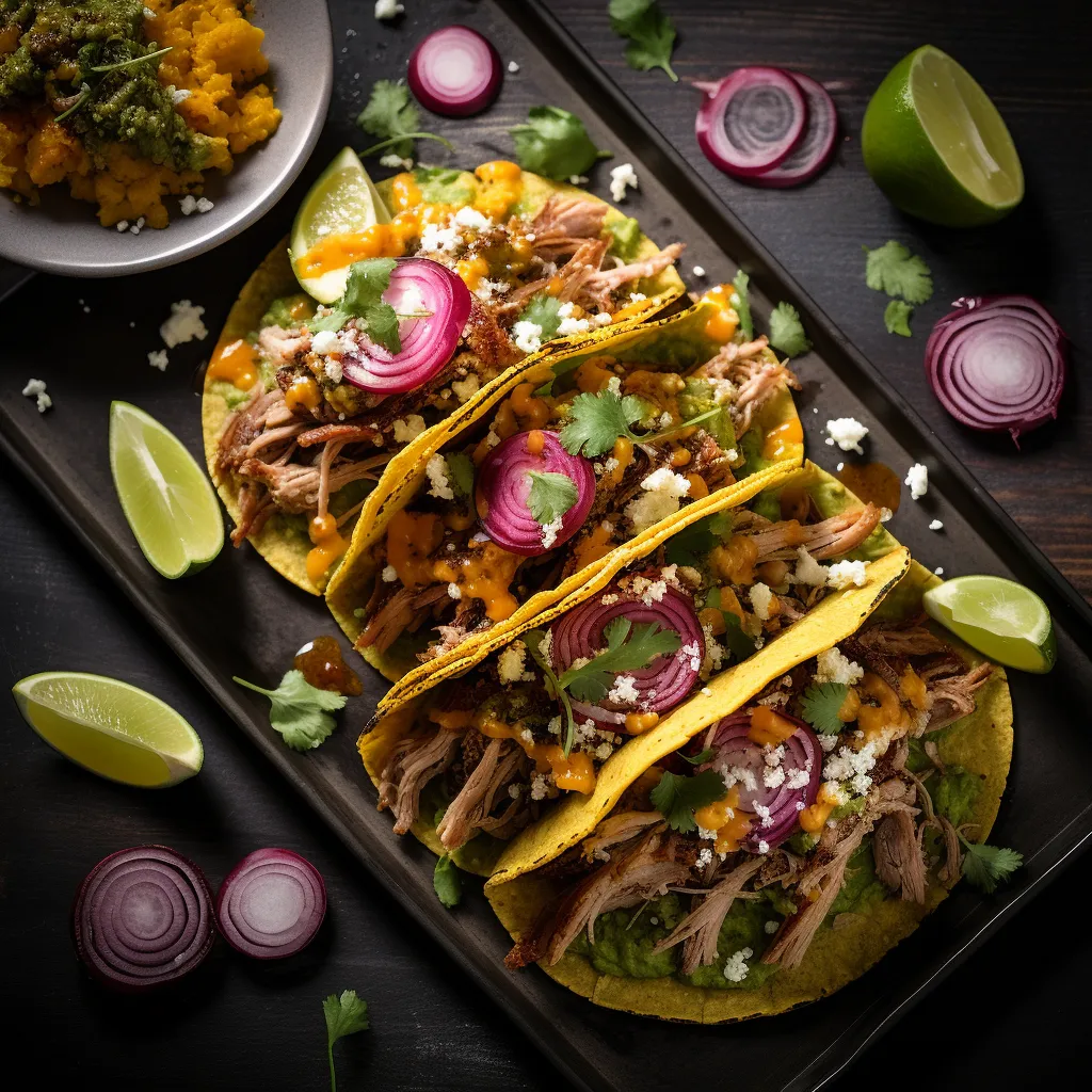 A pyramid style stack of orange hued tacos featuring crisped carnitas peeking from the folded warm corn tortillas. The plate is adorned with fresh cilantro leaves and rings of finely sliced red onions with a dash of creamy avocado green sauce and crumbled cotija cheese.