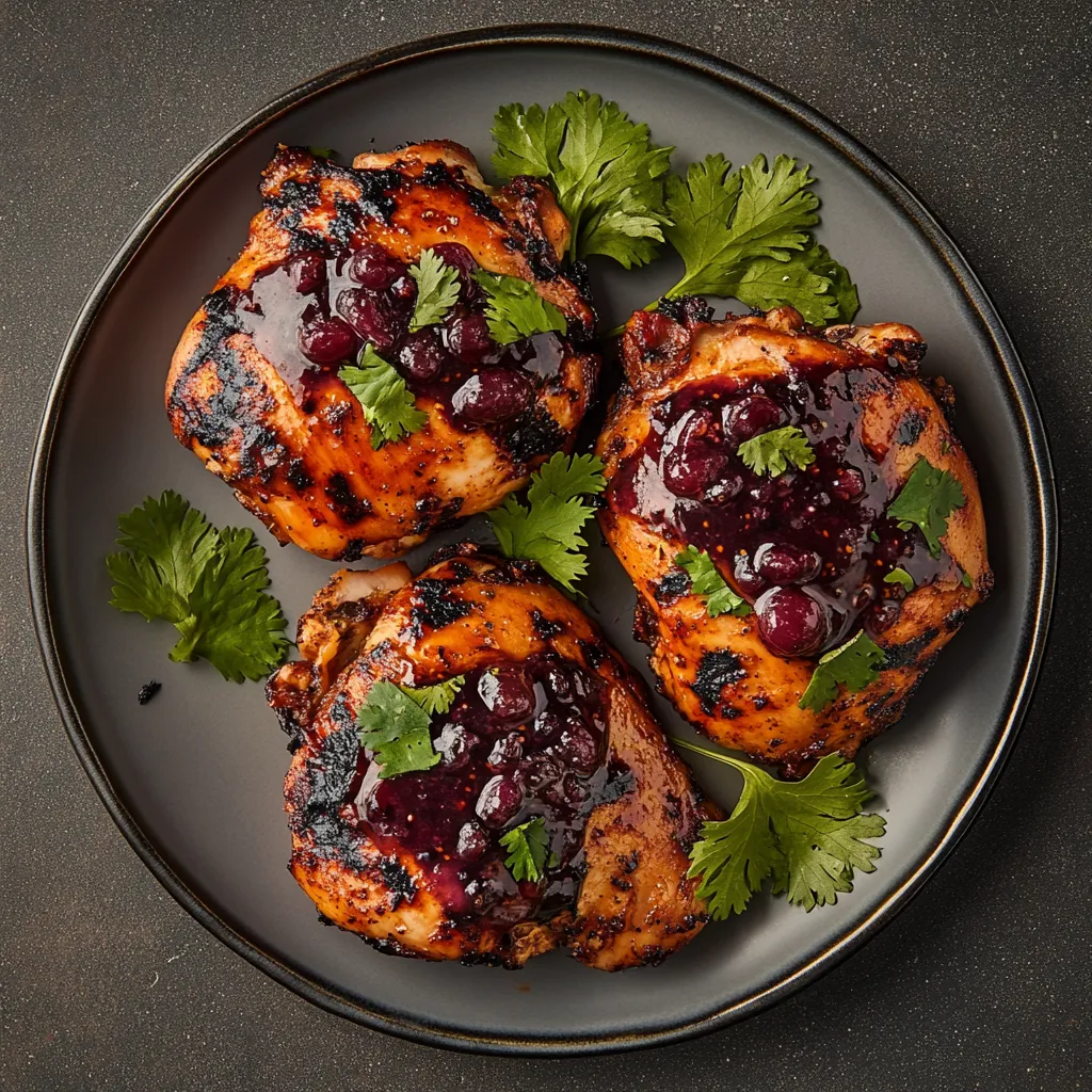 A beautifully plated, marinated chicken thigh browned to perfection with a glossy, deep mauve grape chutney drizzled on the top. The sides of the plate subtly adorned with fresh cilantro leaves. The vibrant hue of the chutney against the mocha-brown chicken rendering an appetizing contrast.