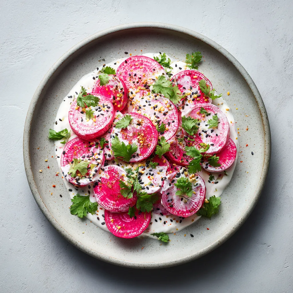 The vibrant magenta radishes popping against the snowy white yogurt dressing, garnished with a dusting of nigella seeds and emerald chopped cilantro leaves on a minimalist ceramic plate, present an appealing sight begging to be shared on Instagram.