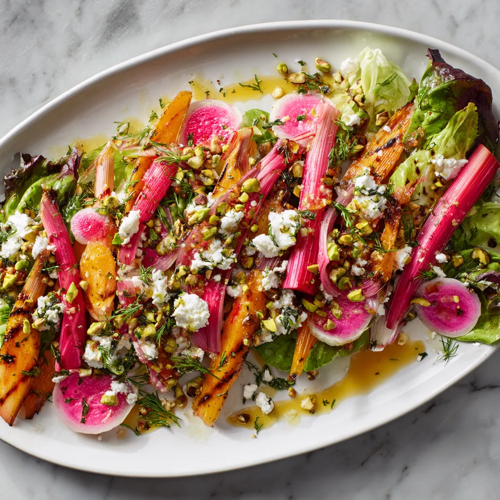 From above, a wide white platter is layered with swoops of greens, jewel-pink rhubarb ribbons, charred golden baby carrots, crumbled white goat cheese, chopped pistachios, and scattered herbs, all glossed with a light amber vinaigrette for a vibrant, high-contrast spring look.