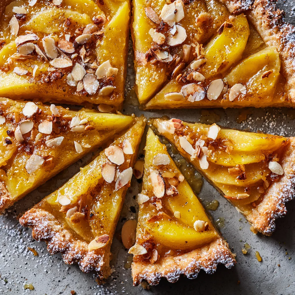 Imagine a golden-brown, flaky pastry crust filled with brilliant yellow quince slices, all bathed in a golden amber-hued honey syrup, sprinkled with toasted almonds and flecks of vibrant citrus zest. A dusting of powdered sugar gives it a look of being lightly kissed by winter.