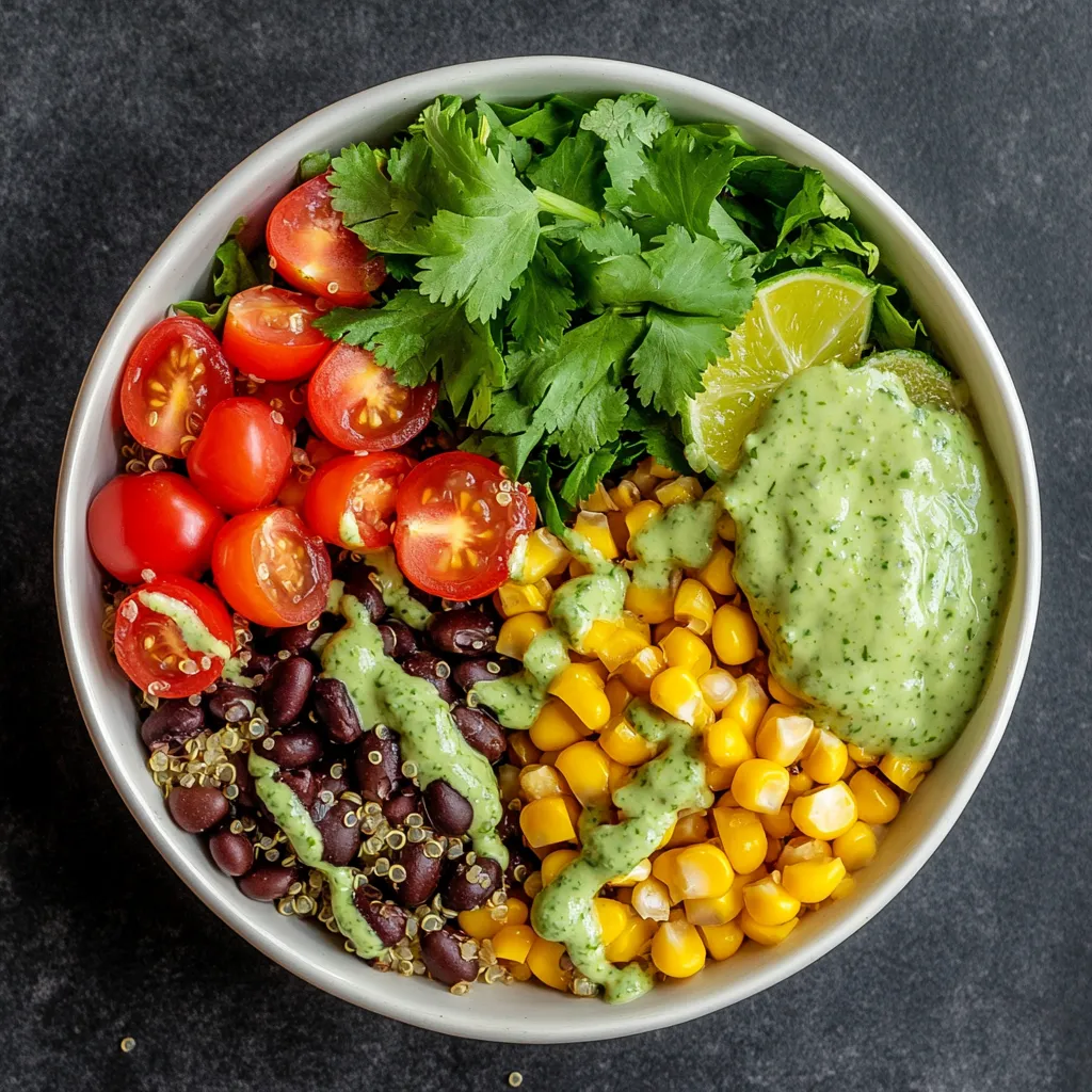 A beautifully arranged bowl full of colorful veggies, grains, and beans. Sweet corn and red cherry tomatoes add pops of yellow and red, black beans and quinoa form a hearty base, with a generous drizzle of zesty dressing onto the vibrant green leaves. Pinches of cilantro scattered on top adds a vivid touch.