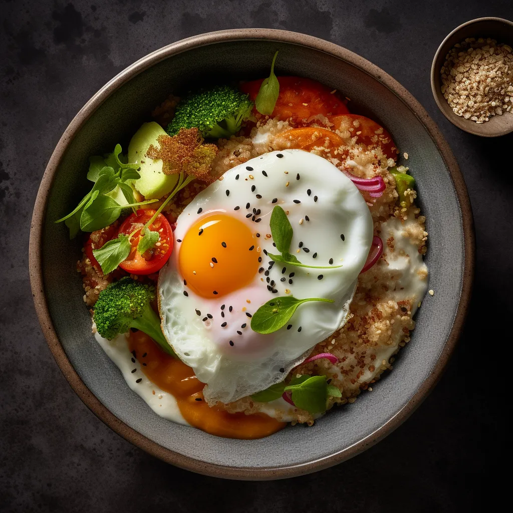 A beautiful bowl of quinoa porridge topped with vibrant vegetables, poached eggs, and sesame seeds.