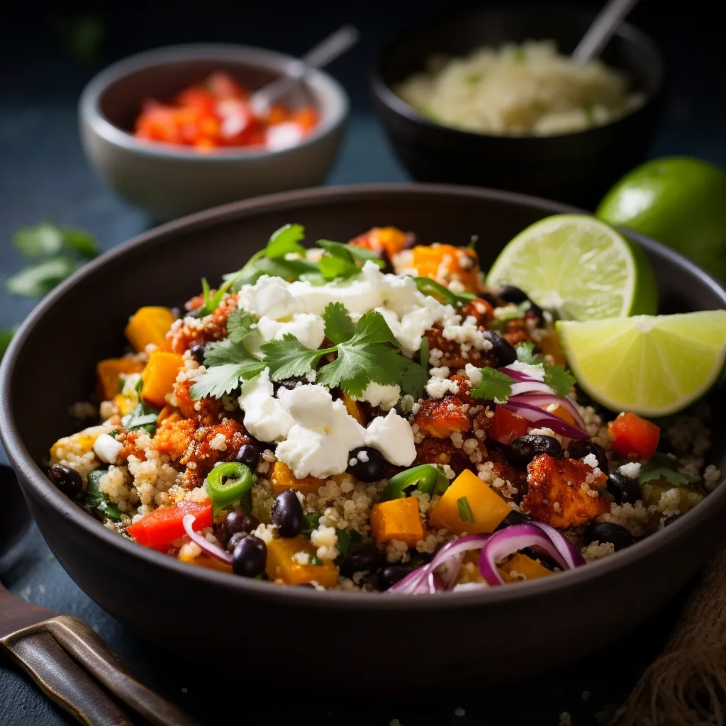 Warm, colorful and enticing, a skillet holds fluffy quinoa, vibrant peppers, squash, and black beans garnished with crumbled feta, zested lime, and finished with a sprinkle of fresh coriander. The bowl's sides are spattered with a homemade enchilada sauce, giving it a truly rustic and inviting feel.