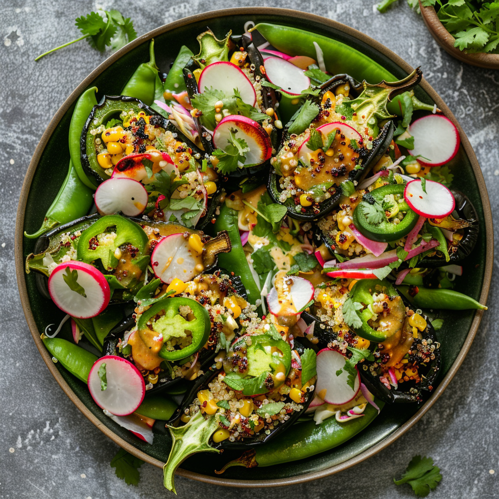 Quinoa-Stuffed Poblanos with Snow Pea Slaw
