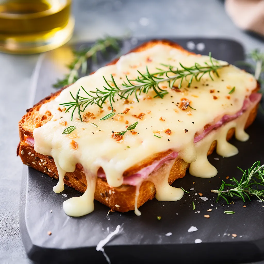 A symphony of colors with toasty golden bread layered with hints of pink radish slices and white creamy sauce, topped with a melted blanket of Gruyère. Small rosemary sprigs and a sprinkle of scattered paprika dots contrast with the creamy background.