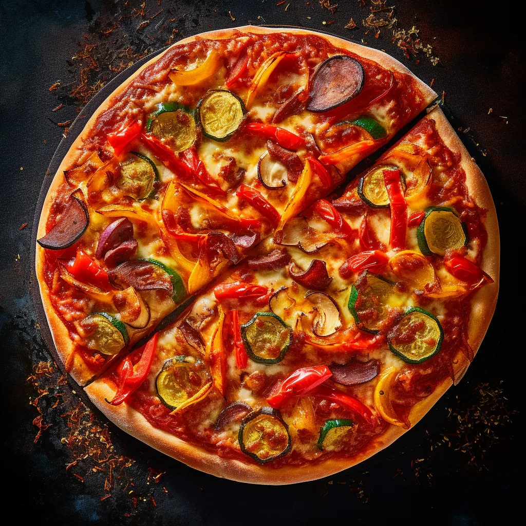 Circular pizza with a thin crust, topped with colorful vegetables and melted cheese.