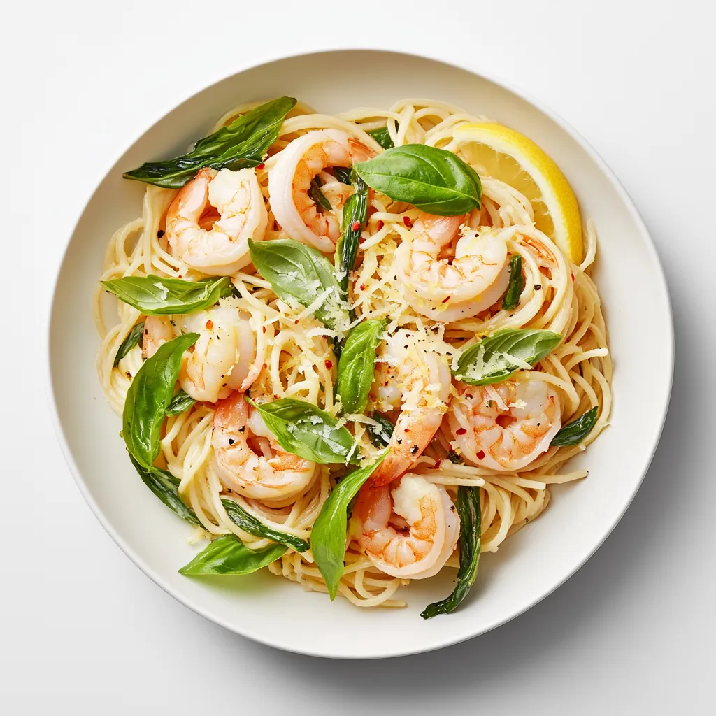 A symphony of bright, contrasting colors greets the eye: plump, pink shrimp nestle on a bed of glistening, olive oil glossed spaghetti, speckled with delicate flecks of bright green ramp and warm gold lemon zest. A sprig of fresh basil, a dusting of Parmesan, and a the optional red chili flakes complete the picture. Every element of the dish is curated to look as vibrant and fresh as it tastes.