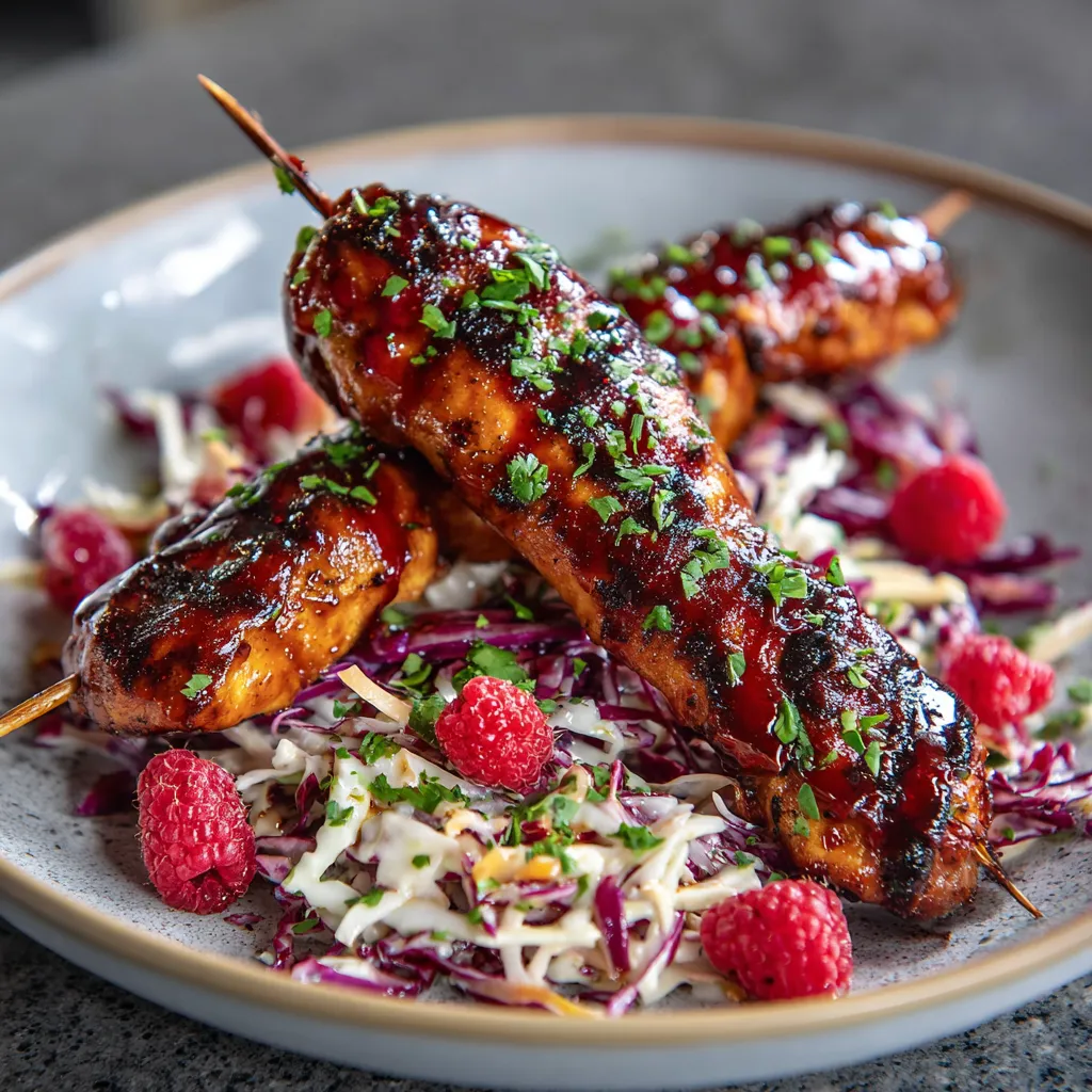 Plump, ruby-touched chicken skewers resting on a bed of vibrant, crunchy coleslaw. Seared grill marks on the skewers add appetizing depth, while a drizzle of raspberry glaze gives a glistening finish. A smattering of fresh raspberries and a final dusting of chopped fresh herbs across the plate add pops of color.