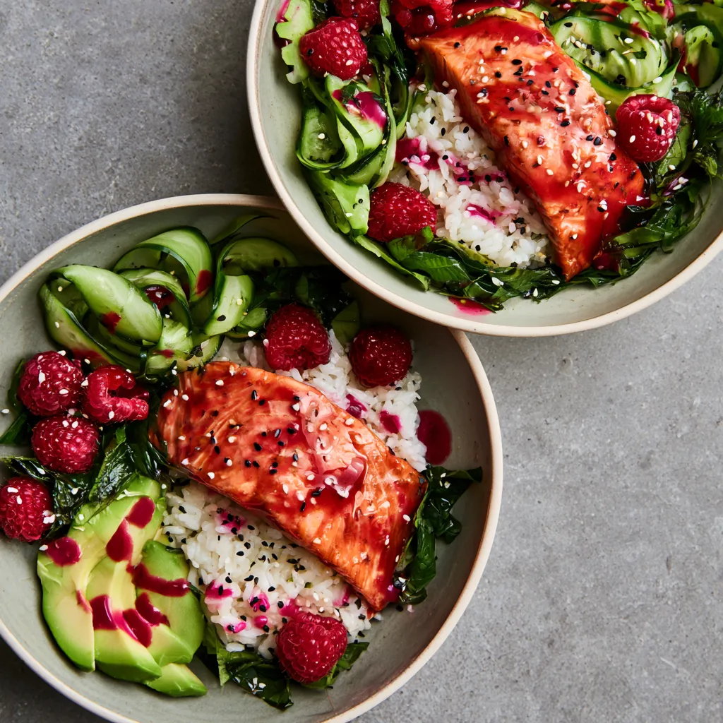 From above, two shallow bowls show a neat arc of blush-glazed salmon over snowy rice, surrounded by ribboned cucumber, avocado slices, scattered raspberries, deep green shiso, black and white sesame seeds, and tiny streaks of vivid magenta sauce for a striking, elegant contrast.