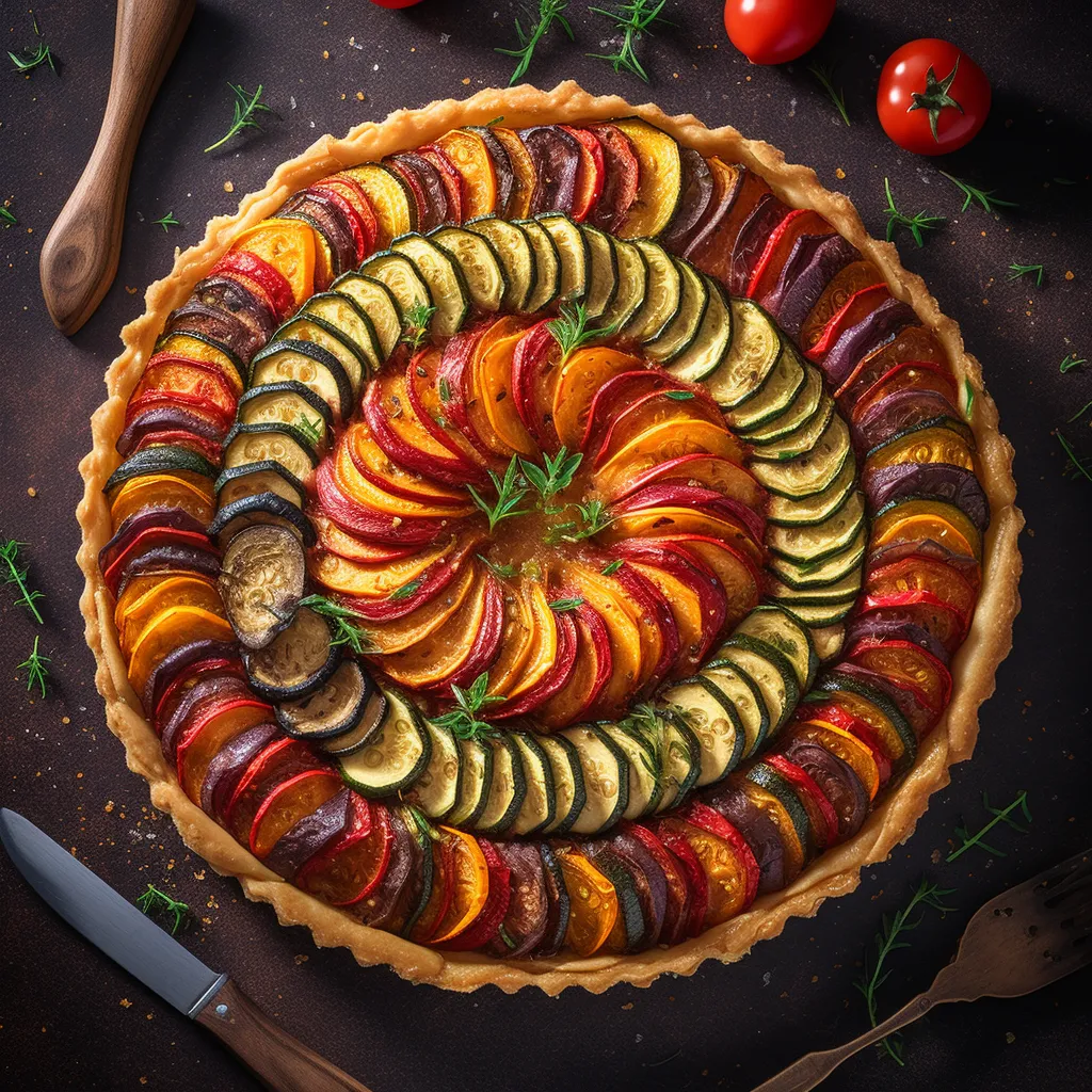 A stunning tart with a golden, flaky crust and vibrant vegetable slices arranged in concentric circles on top.