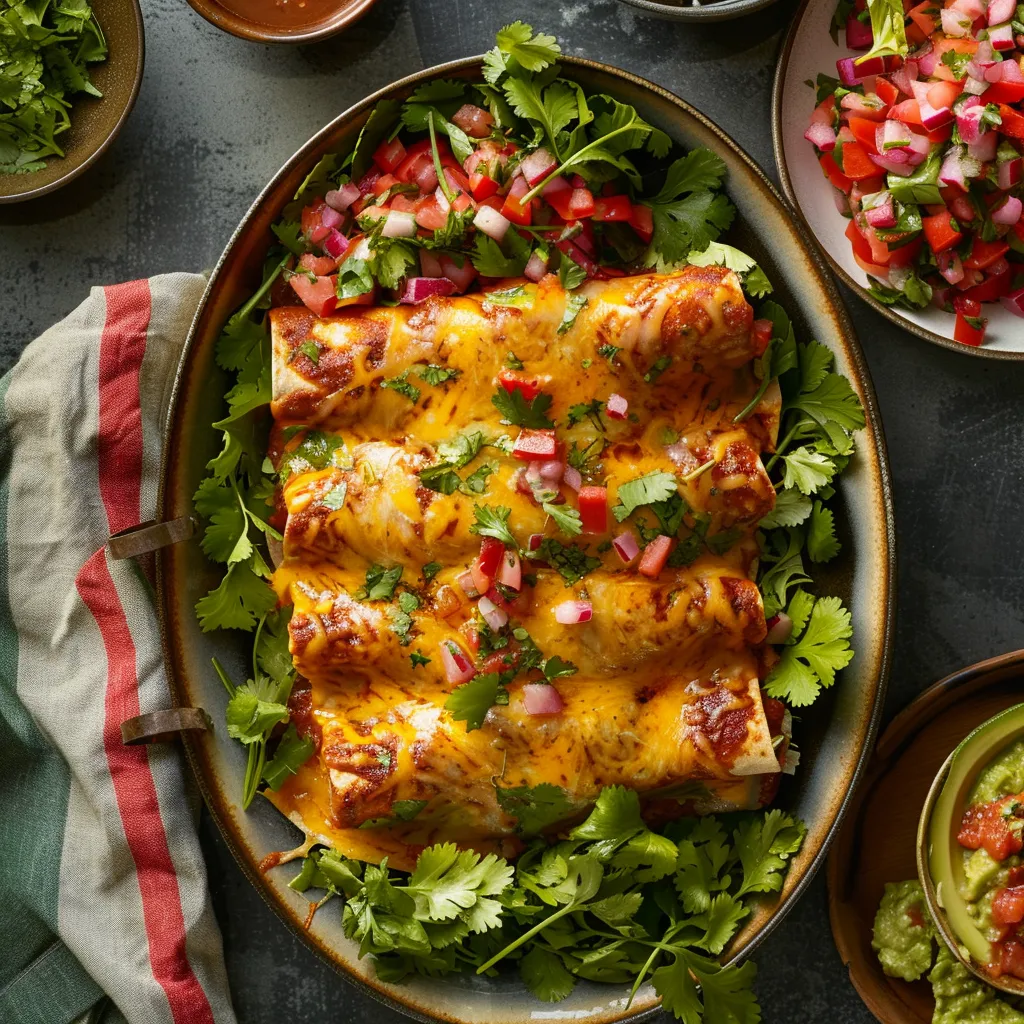 Imagine a lush bed of fresh cilantro leaves, adorned with two rolled, deep golden-brown enchiladas, bursting with vibrant rhubarb-hued filling. A generous drizzle of the fire-roasted salsa and melty cheese cap the enchiladas, with peeking chunks of roast chicken. A side of punchy pico de gallo and creamy guacamole adds a pop of color.