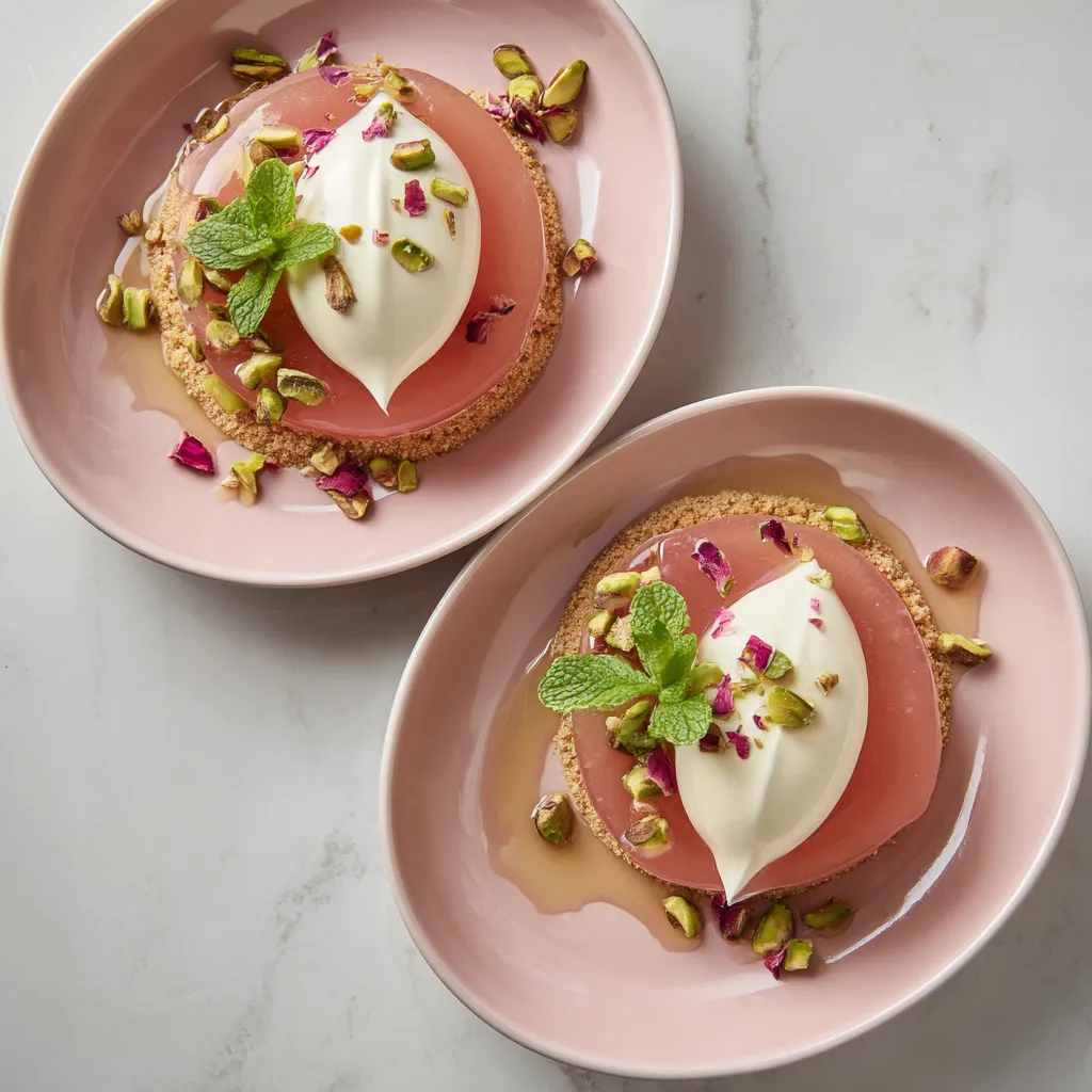From above, two shallow plates each hold a glossy blush-pink swoosh of rhubarb compote topped with a quenelle of ivory crème fraîche chantilly, leaned against a golden almond sablé. Finishing touches of chopped pistachio, tiny mint leaves, and a few edible petals create a refined pastel, springtime composition.