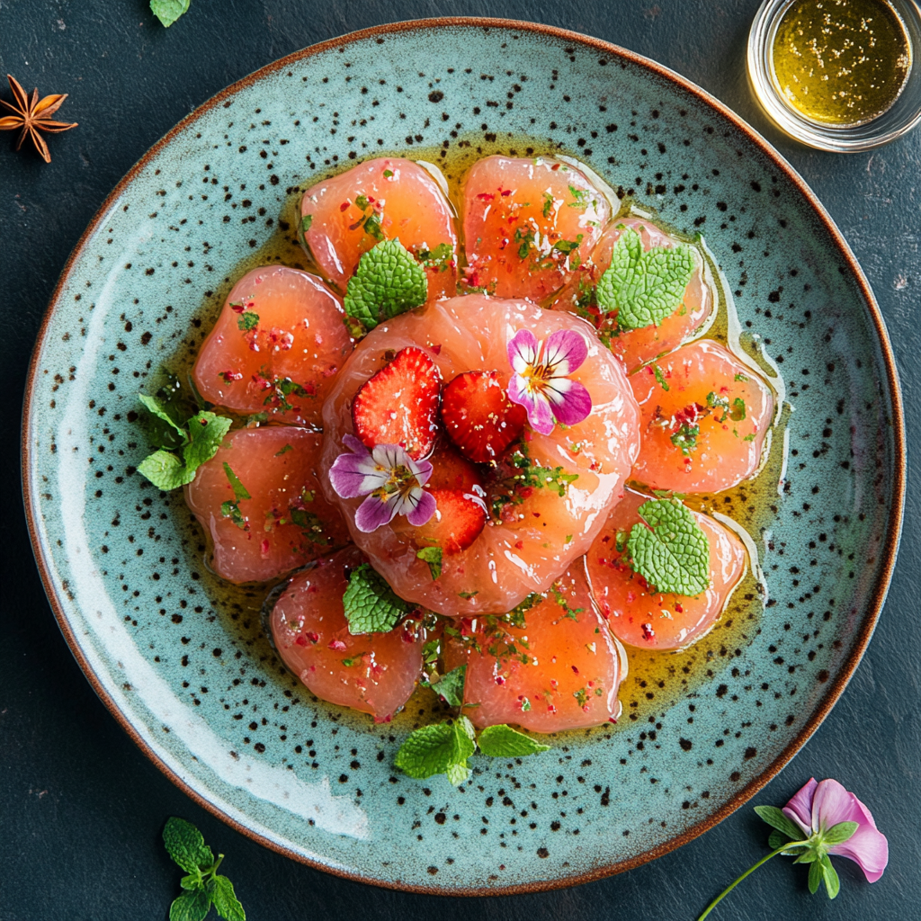 Rhubarb-Strawberry Dim Sum with Star Anise Honey Drizzle