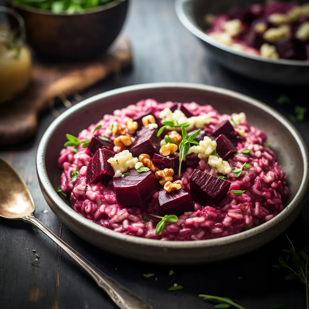 Upon first glance, the vibrant hues of the risotto jump out - deep purple from the roasted beetroot, spotted occasionally with creamy white and green from the crumbled feta and fresh herbs. The walnuts provide a rustic touch, while a final dusting of orange zest adds a vibrant contrast.