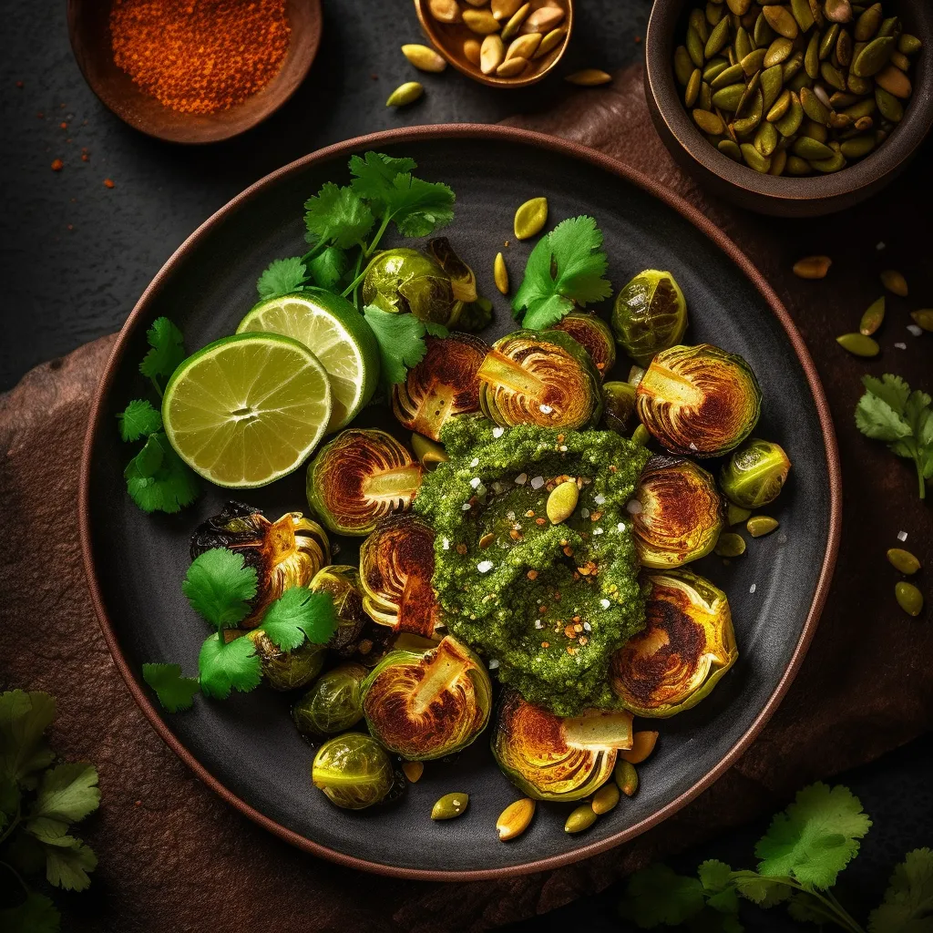 The plate features beautifully roasted brussels sprouts topped with vibrant green cilantro pumpkin seed pesto, garnished with slices of fresh lime.