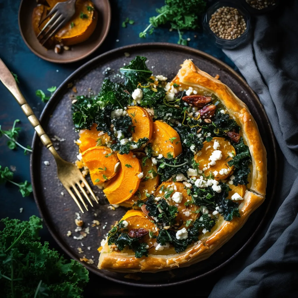 A rustic, golden tart with spiral of roasted butternut squash nestled in melted goat cheese topped with snappy kale salad.
