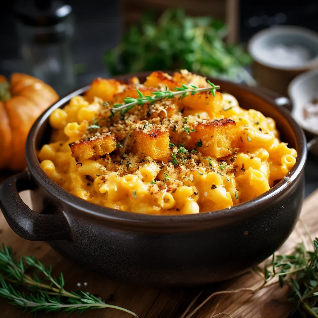 A rustic bowl, filled with tender elbow macaroni luxuriously dressed in a vibrant golden butternut squash sauce. The dish is accented with specs of fiery red pepper flakes, gentle green flecks of rosemary leaves, and crowned with a sprinkling of golden breadcrumbs that have been crisped to perfection.