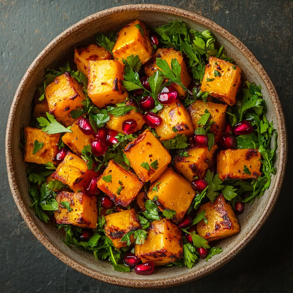 The vibrant orange cubes of roasted butternut squash, their corners toasted golden brown, rest on a bed of lush green parsley leaves. Speckled through the dish are luminous ruby-red pomegranate seeds, their glossy surfaces reflecting texture in the light. All this is nestled in a rustic earthenware bowl, the deep-set dish enhancing the abundance and heartiness of the salad.