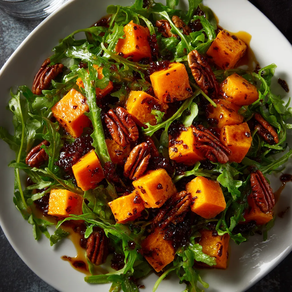 The predominant sunset-orange cubes of roasted butternut squash rest dramatically on a bed of dark, peppery arugula leaves. Scattered here and there, the gleaming, caramelized pecans add intrigue and an irresistible luster. All this is brought together by a drizzle of the glossy vinaigrette, creating a beautiful play of colors and textures.