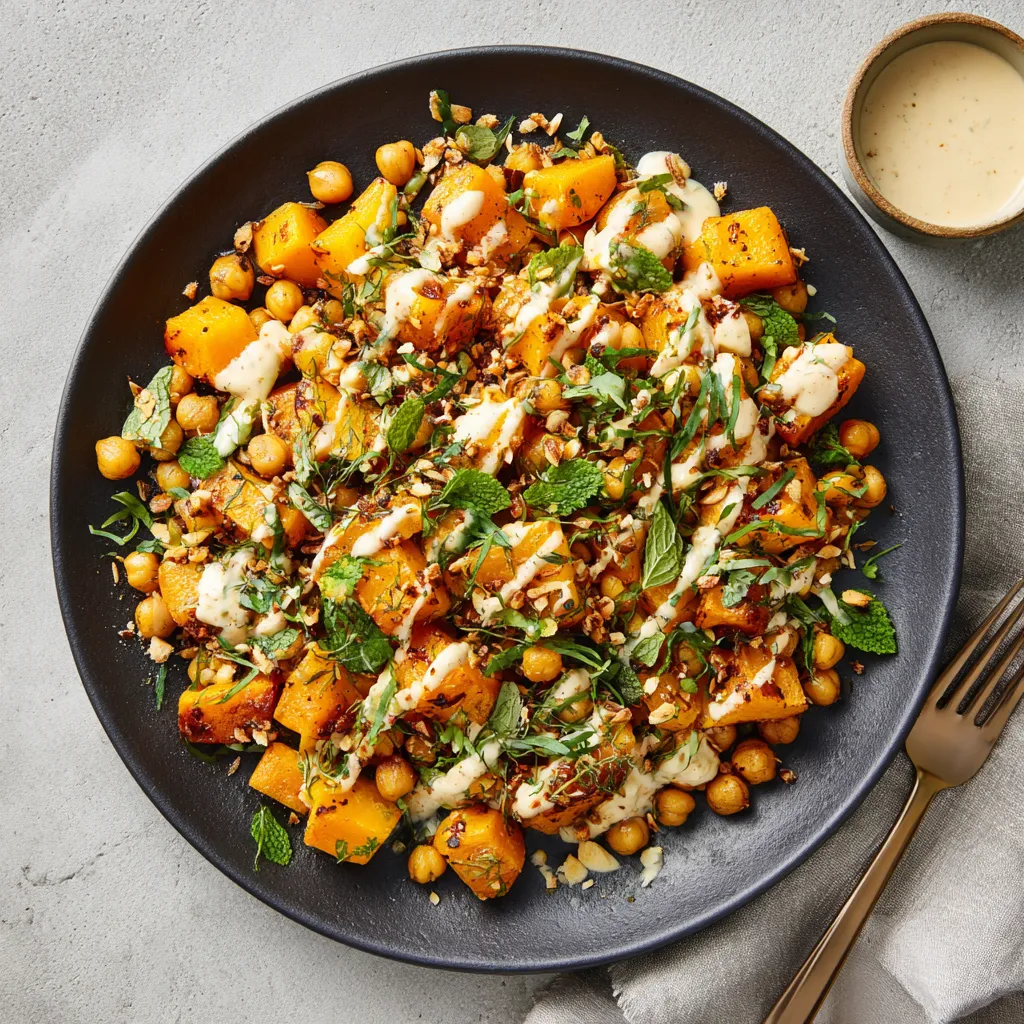 A vibrant dish of golden roasted butternut squash cubes sitting atop a bed of sautéed chickpeas, dotted with pops of green from fresh herbs. A drizzle of creamy tahini dressing offers a final touch of elegance.
