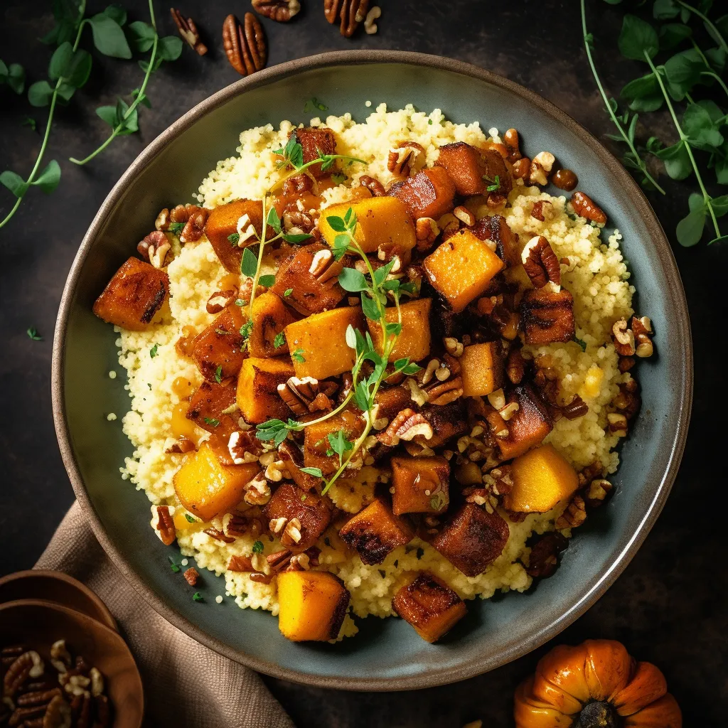 A bed of fluffy couscous topped with roasted chunks of butternut squash, crispy bacon bits, and nuts. Served with a tangy vinaigrette.