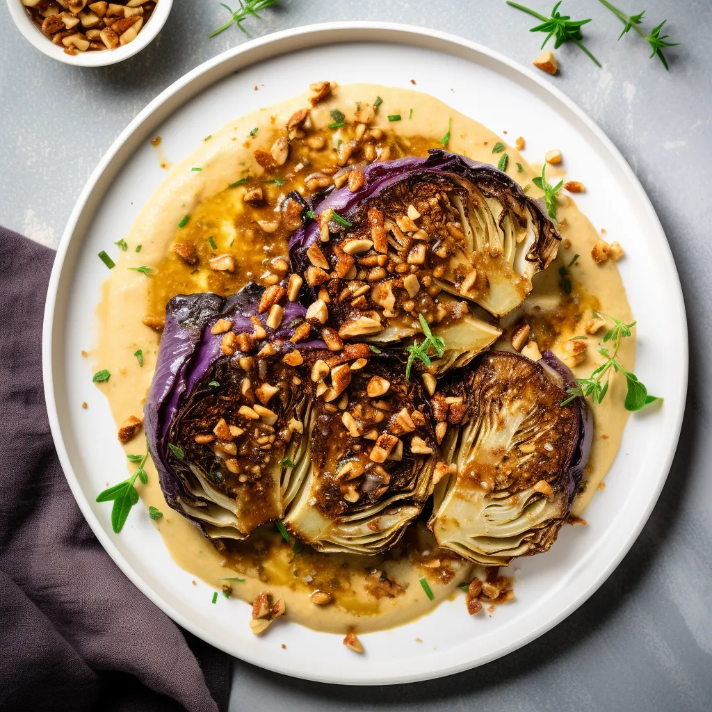 From top view, see a gorgeous charred cabbage steak lying at the center of a white plate. A crumble of almond and pecan spilling over it adds a delightful color contrast. Dots of tangy sauce garnished with fresh chopped herbs create a beautiful pattern around it.
