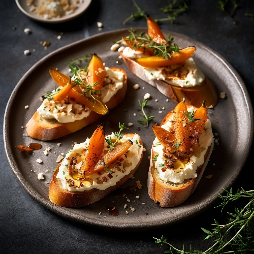 Thinly sliced baguette rounds spread with creamy ricotta and topped with roasted carrot and celeriac cubes, drizzled with olive oil and sprinkled with fresh thyme.