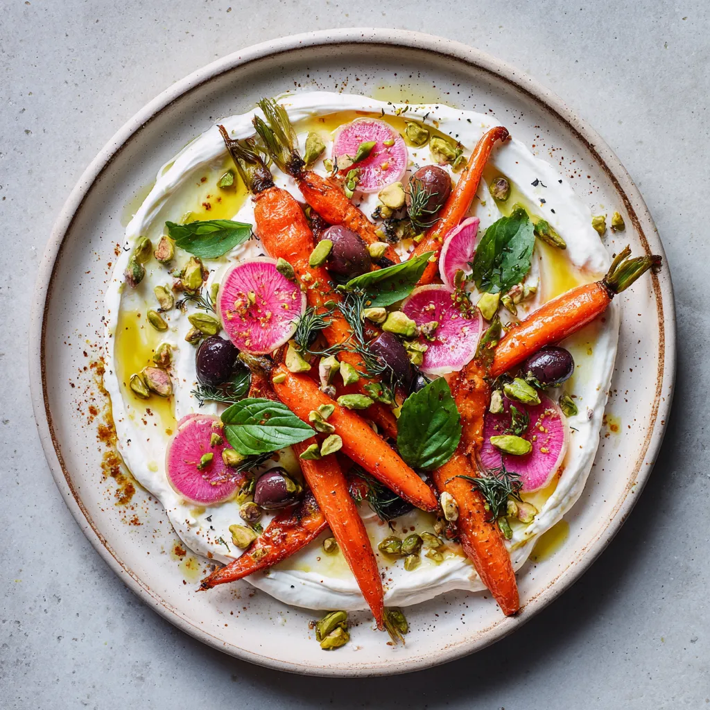 From above, a wide shallow plate swirled with white whipped feta, topped with jewel-toned roasted carrots, thin pink radish slices, torn basil leaves, crushed pistachios, scattered olives, and a glossy lemony drizzle with tiny oregano flecks.