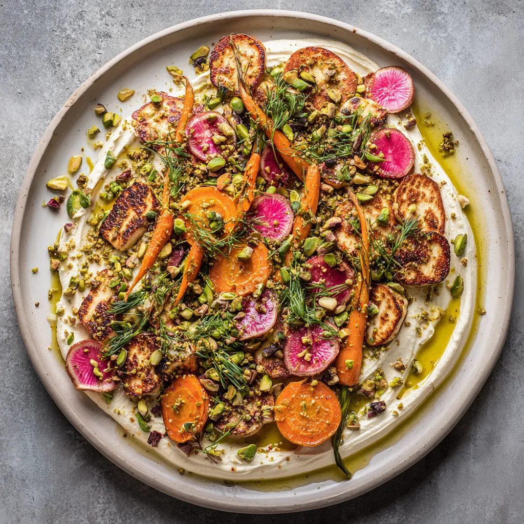 From above, a wide shallow platter swirled with pale ivory tahini yogurt, topped with bronzed carrot ribbons and halved blush radishes, golden seared halloumi slices, emerald herbs, ruby date bits, crushed pistachios, sesame, and a glossy citrusy oil pooling in painterly streaks.