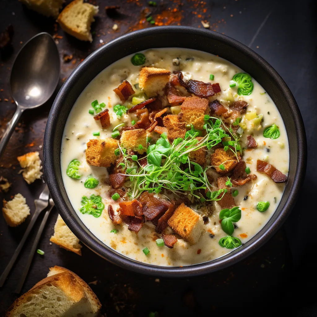 A warm earth-toned bowl displaying creamy off-white chowder, speckled with the golden hues of roasted cauliflower and garnished luxuriously with vibrant green chives. Crumbled, crispy turkey bacon provides an enticing crunch and a pop of color.