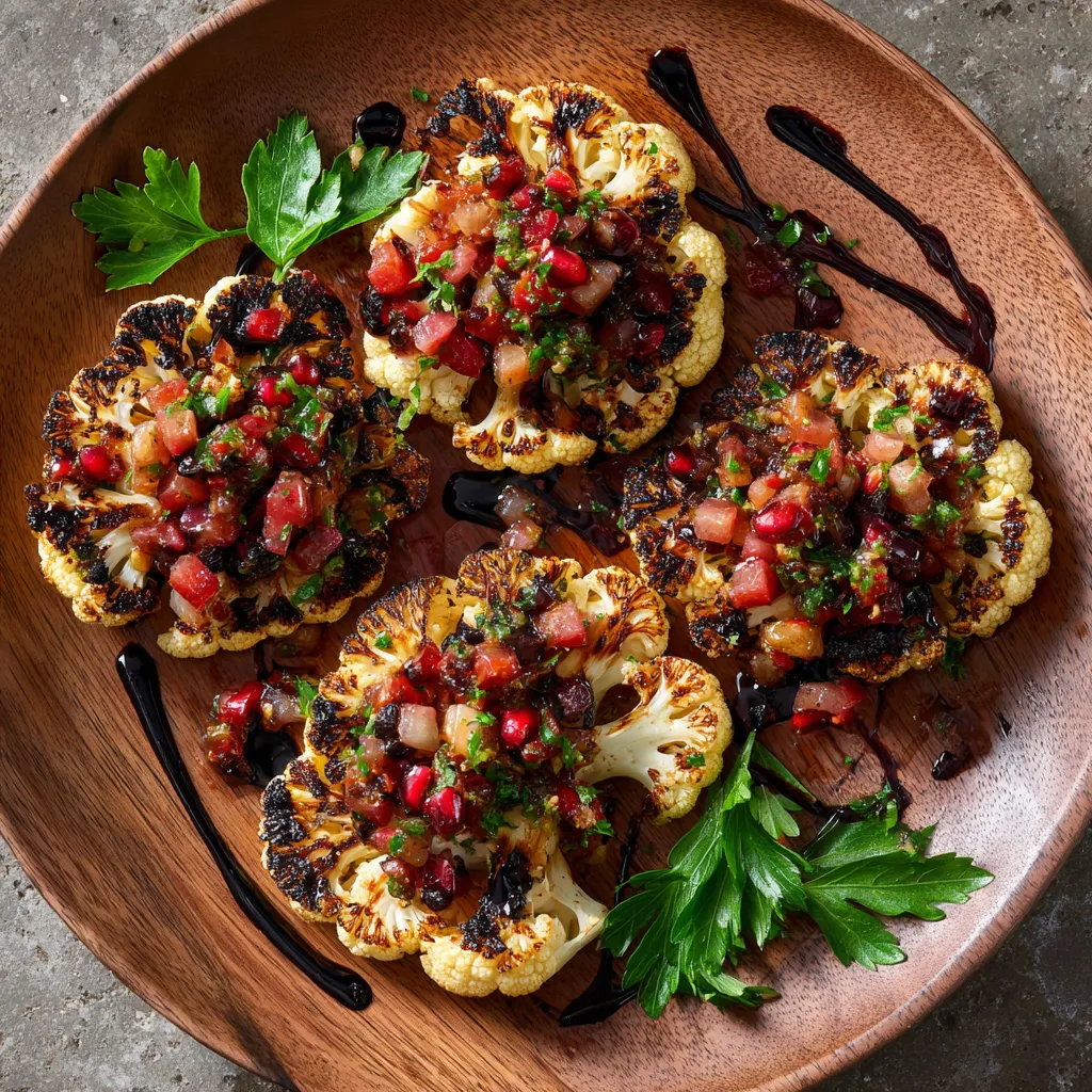 Envision a rustic wooden plate adorned with four beautifully charred cauliflower steaks, each topped with a generous amount of apple grape salsa - a symphony of red and green. Drizzles of deep, glossy balsamic reduction zigzag across the plate, with a fresh sprig of parsley at the side.