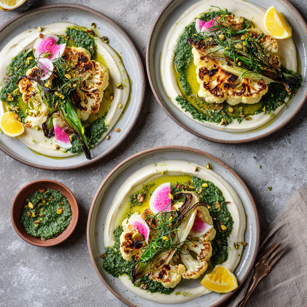 Roasted Cauliflower Steaks with White Bean Purée, Spring Leeks & Pistachio Pistou