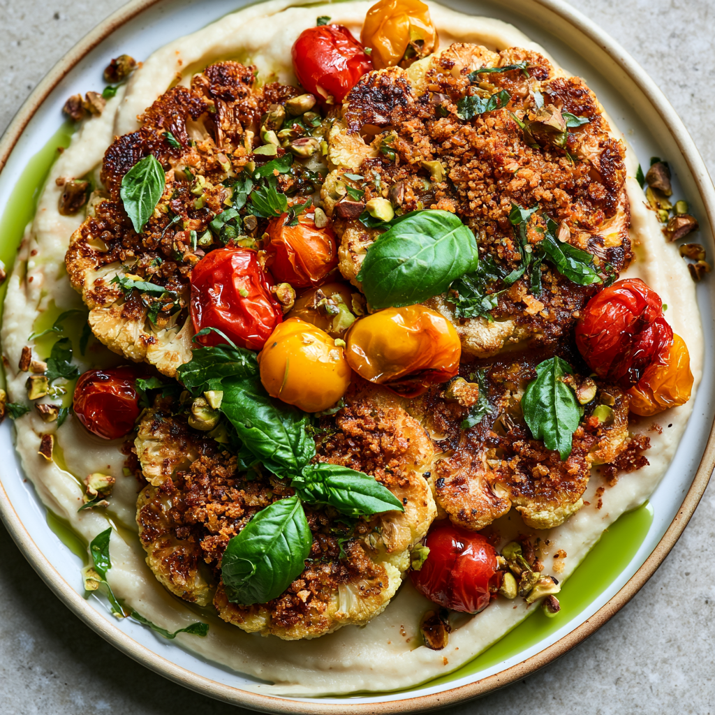 Roasted Cauliflower Steaks with Lemon Cannellini Purée, Blistered Tomatoes & Basil Pistachio Crunch