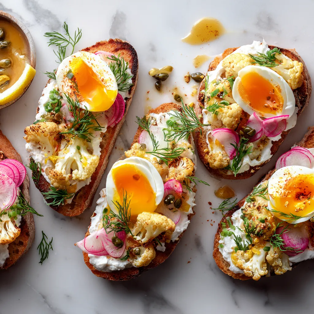 From above, four open-faced tartines on a platter, each layered with cloud-like white chèvre cream, deeply golden cauliflower florets, halved jammy eggs with glowing yolks, thin pink radish slices, scattered chives and dill, capers, lemon zest, and glossy amber butter drizzled artistically over toasted bread.